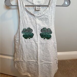 PINK Victoria's Secret Light Gray Tank with Sequin Green Clovers
